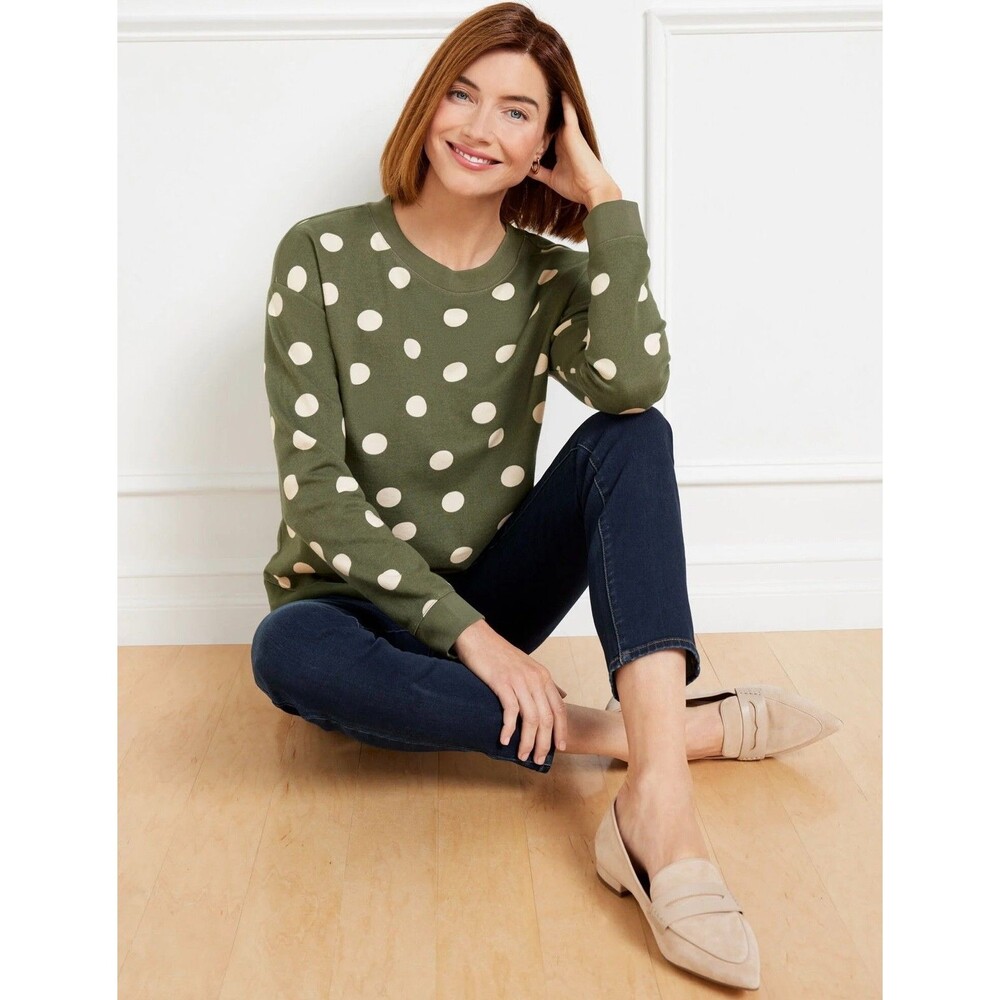 Talbots Women’s LARGE Petite Green Splendid Dots Sweatshirt Long Sleeve Pullover